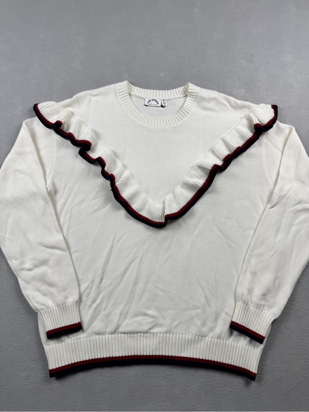 The Upside Cream White Red Blue Stripe Ruffle Sweater Medium Preppy College